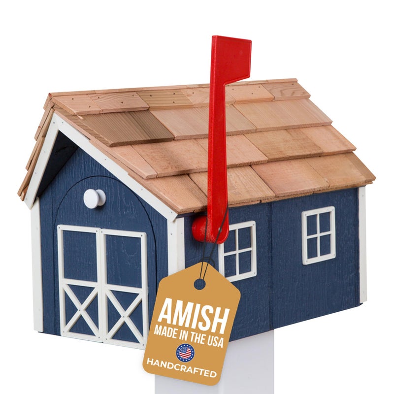 Peaceful Classics Amish Cedar Roof Wooden Mailbox with Window & Door Trim, Handcrafted Mailboxes for Outside, Post Mount Residential Mailboxes - (Navy with White Trim) - Image 1